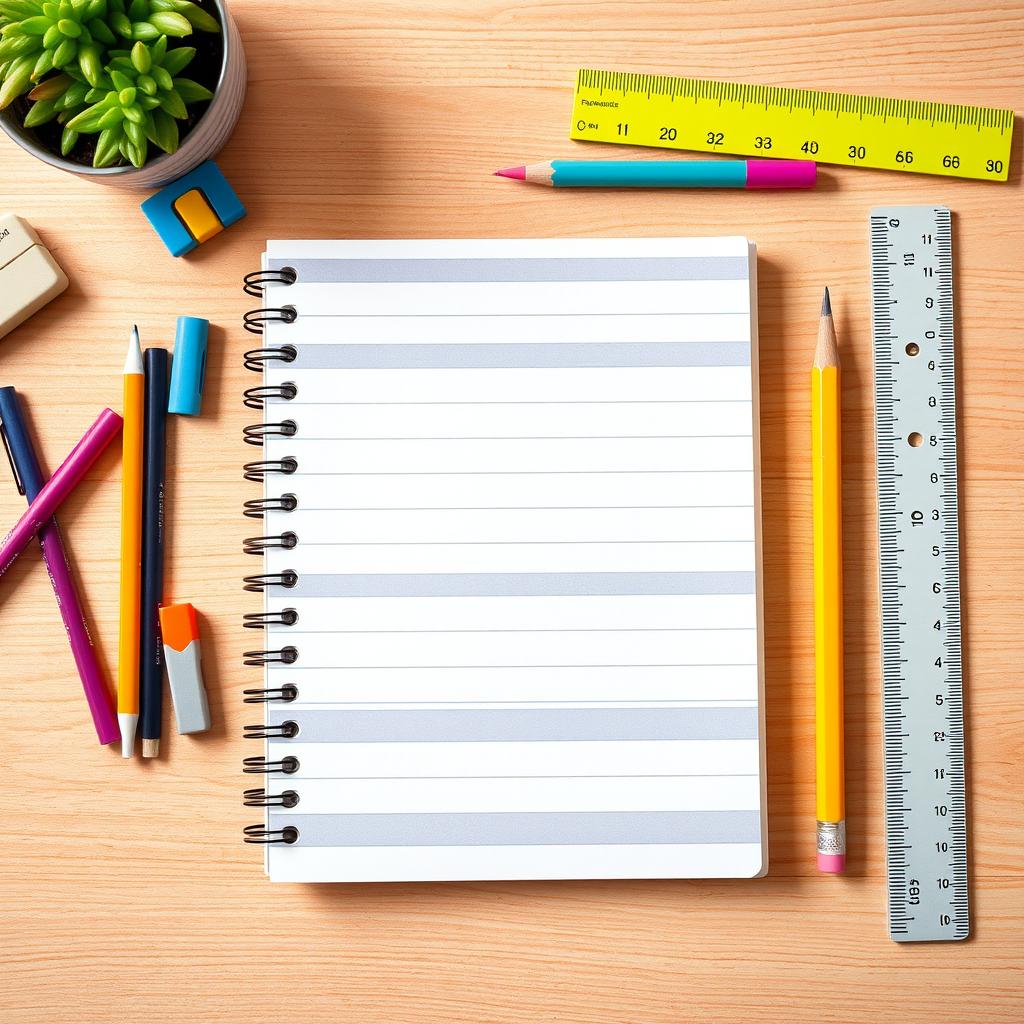 A large striped school notebook prominently placed at the center of the image, blank pages visible