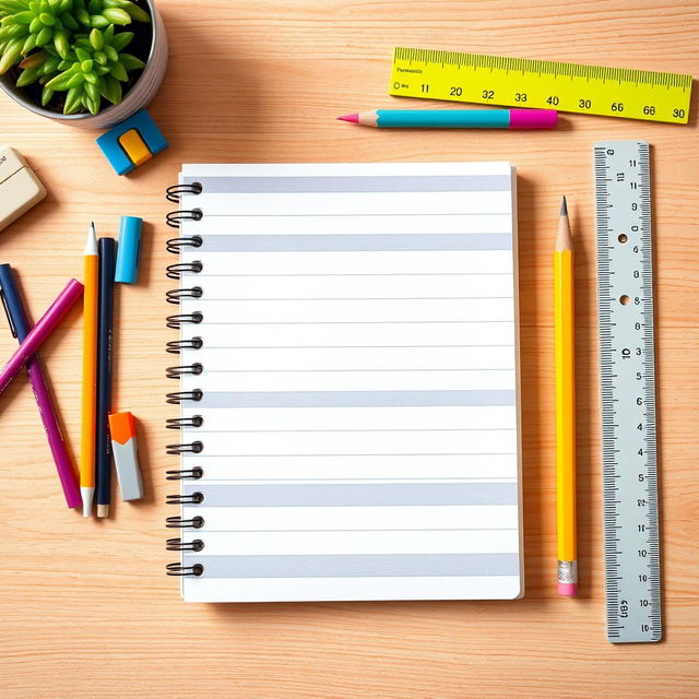 A large striped school notebook prominently placed at the center of the image, blank pages visible