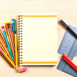 A large striped school notebook prominently placed at the center of the image, blank pages visible