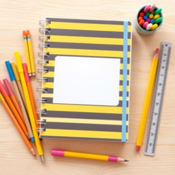 A large striped school notebook prominently placed at the center of the image, blank pages visible