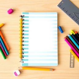 A large striped school notebook prominently placed at the center of the image, blank pages visible