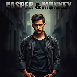 A dramatic poster for a TV series featuring an 18-year-old young man with an intense and contemplative expression, dressed in stylish yet casual attire