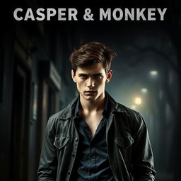 A dramatic poster for a TV series featuring an 18-year-old young man with an intense and contemplative expression, dressed in stylish yet casual attire