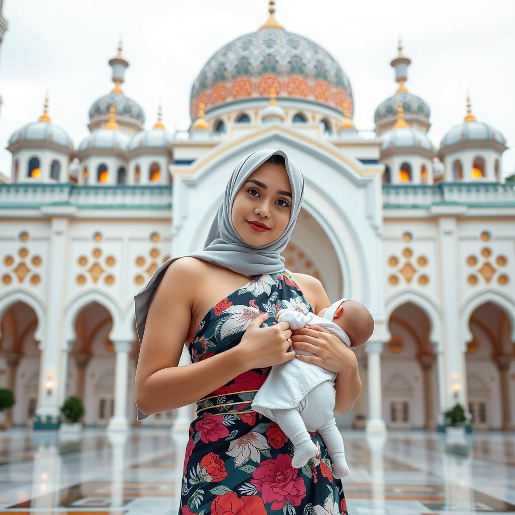 A 30-year-old Malaysian Muslim woman in a fashionable, skimpy one-shoulder high-neck bikini-style hijab, holding a baby in front of an exquisite, beautifully designed mosque that reflects Islamic architecture