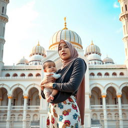 A 30-year-old Malaysian Muslim woman in a fashionable, skimpy one-shoulder high-neck bikini-style hijab, holding a baby in front of an exquisite, beautifully designed mosque that reflects Islamic architecture