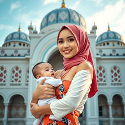 A 30-year-old Malaysian Muslim woman in a fashionable, skimpy one-shoulder high-neck bikini-style hijab, holding a baby in front of an exquisite, beautifully designed mosque that reflects Islamic architecture