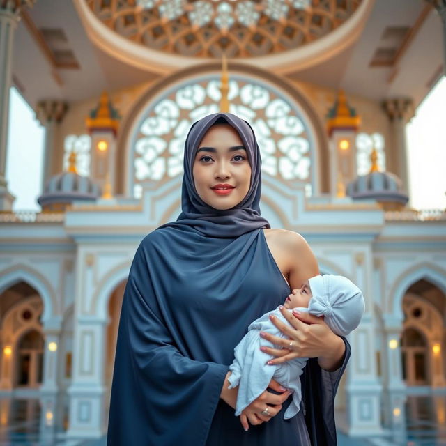 A 30-year-old Malaysian Muslim woman in a fashionable, skimpy one-shoulder high-neck bikini-style hijab, holding a baby in front of an exquisite, beautifully designed mosque that reflects Islamic architecture