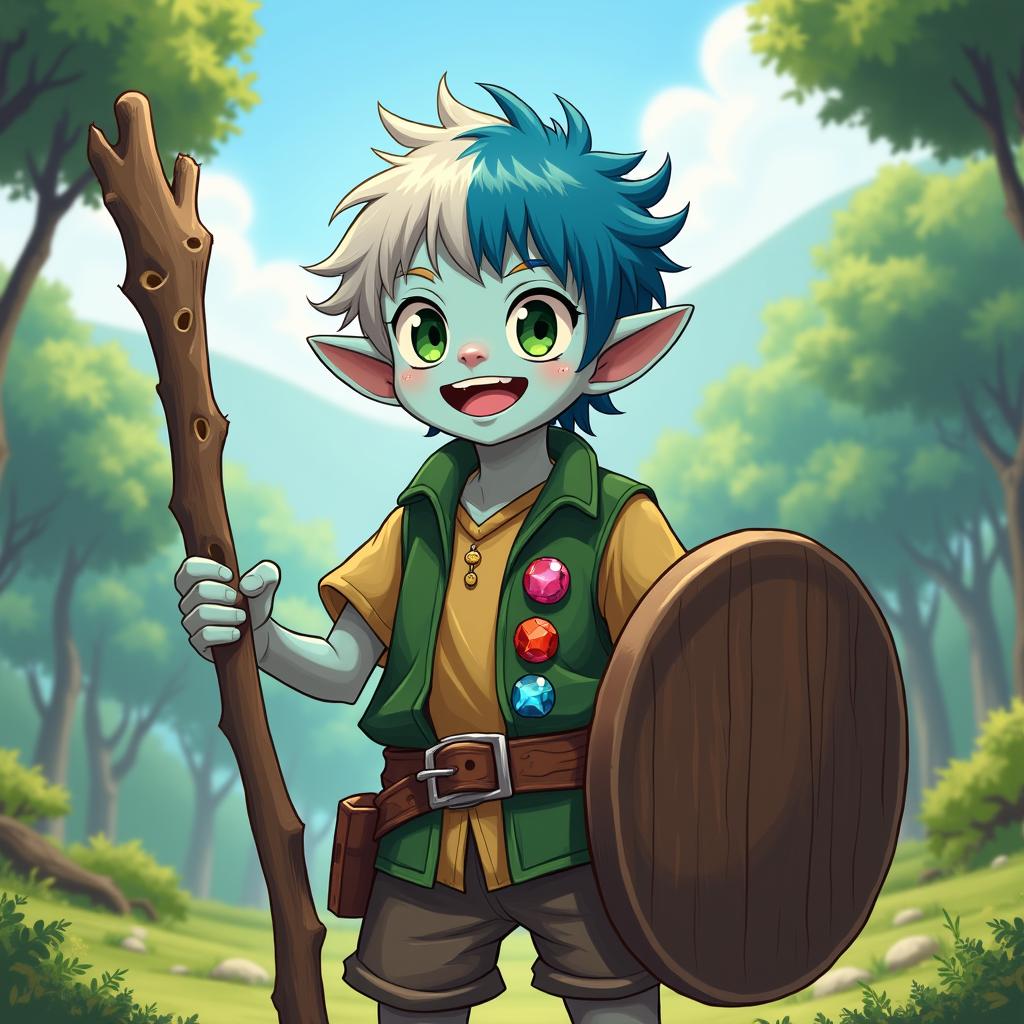 An anime art style illustration inspired by Overlord, depicting a young adult male halfling with sky-blue skin and messy, mossy hair that is half-white and half-blue