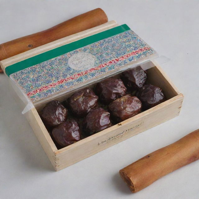 A rectangular box filled with dates, featuring a transparent cover on the front. The box is adorned with the colors of the Palestinian flag, Islamic patterns, date branches, and fruits. Front text says 'Kembara Tamar'.