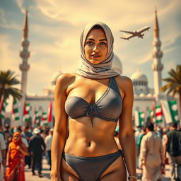 A striking image of a person wearing a stylish one-shoulder high-neck bikini and a hijab, capturing a unique blend of modern fashion and Islamic vibes