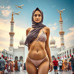 A striking image of a person wearing a stylish one-shoulder high-neck bikini and a hijab, capturing a unique blend of modern fashion and Islamic vibes