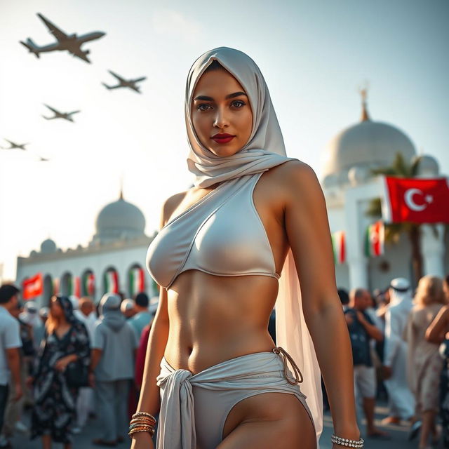 A striking image of a person wearing a stylish one-shoulder high-neck bikini and a hijab, capturing a unique blend of modern fashion and Islamic vibes