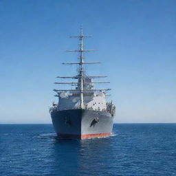 A mighty steel ship sailing through the vast, azure ocean under a clear sky.