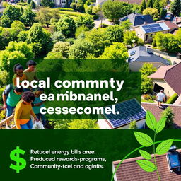A vibrant and engaging online display ad that highlights the connection between local community engagement, environmental benefits, and financial savings