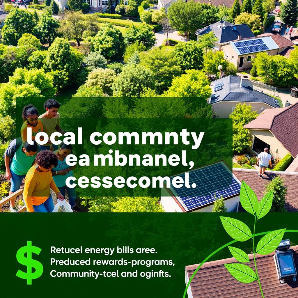 A vibrant and engaging online display ad that highlights the connection between local community engagement, environmental benefits, and financial savings