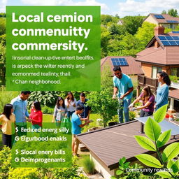 A vibrant and engaging online display ad that highlights the connection between local community engagement, environmental benefits, and financial savings
