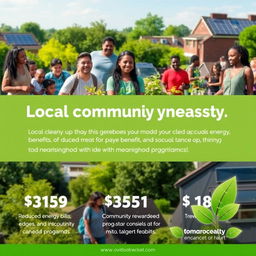 A vibrant and engaging online display ad that highlights the connection between local community engagement, environmental benefits, and financial savings