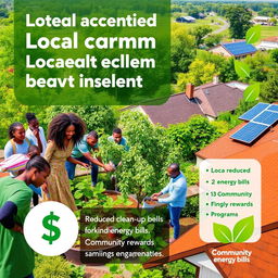 A vibrant and engaging online display ad that highlights the connection between local community engagement, environmental benefits, and financial savings