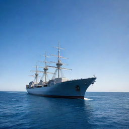 A mighty steel ship sailing through the vast, azure ocean under a clear sky.