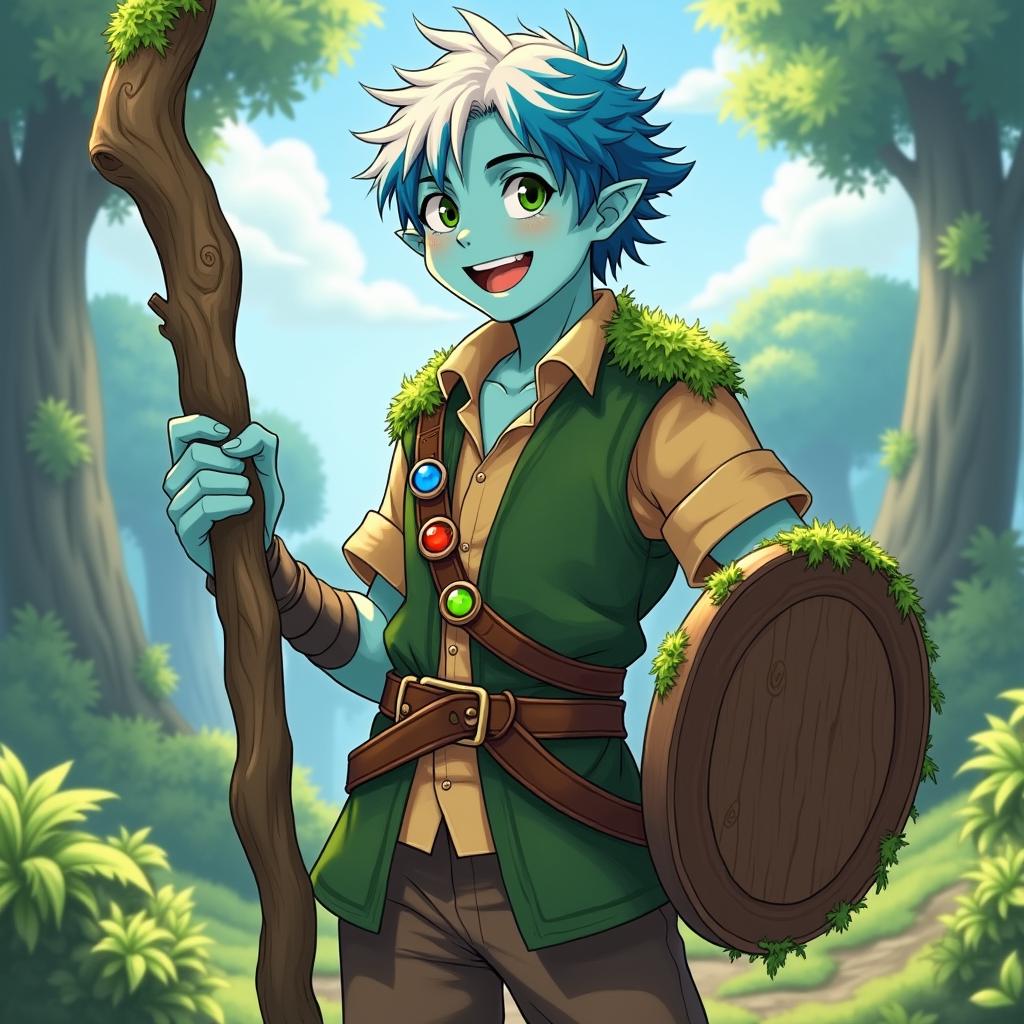 An anime art style illustration inspired by Overlord, featuring a medieval young adult male halfling with striking sky-blue skin and messy, mossy hair that is half white and half blue