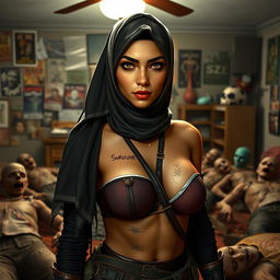 A 35-year-old woman portrayed as a video game character, labeled "Survivor", wearing a unique one-shoulder high-neck bikini styled hijab, incorporating Islamic vibes