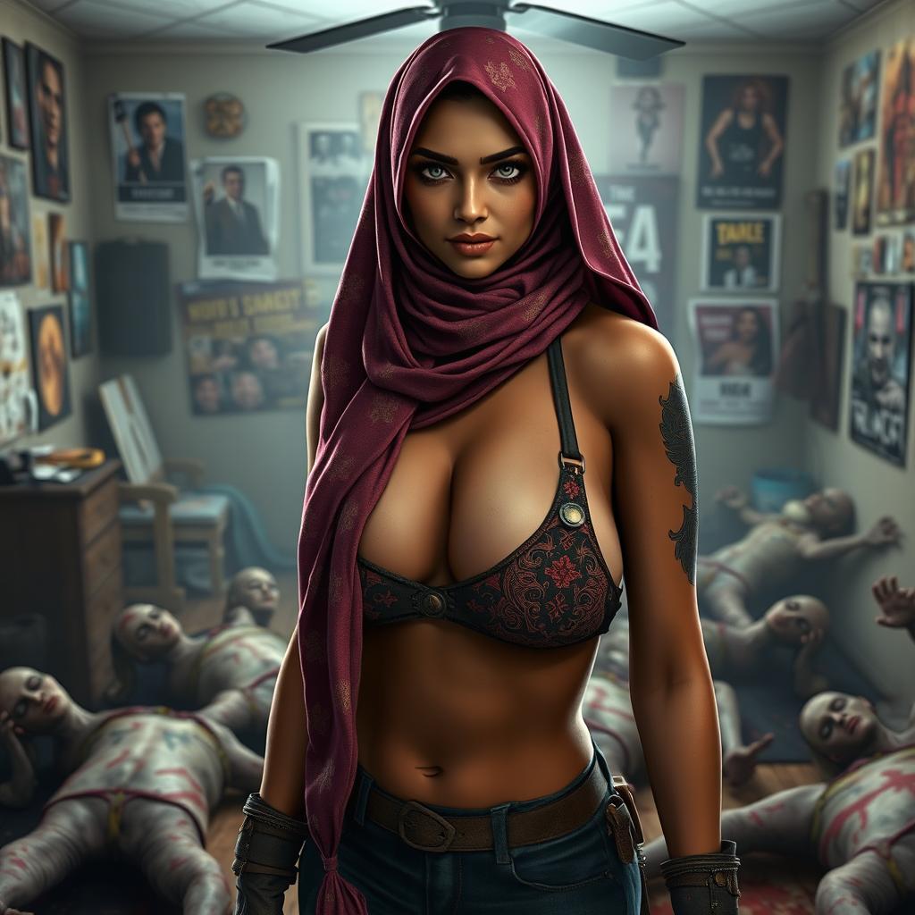 A 35-year-old woman portrayed as a video game character, labeled "Survivor", wearing a unique one-shoulder high-neck bikini styled hijab, incorporating Islamic vibes