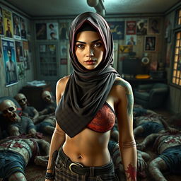 A 35-year-old woman portrayed as a video game character, labeled "Survivor", wearing a unique one-shoulder high-neck bikini styled hijab, incorporating Islamic vibes