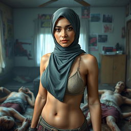 A 35-year-old woman portrayed as a video game character, labeled "Survivor", wearing a unique one-shoulder high-neck bikini styled hijab, incorporating Islamic vibes