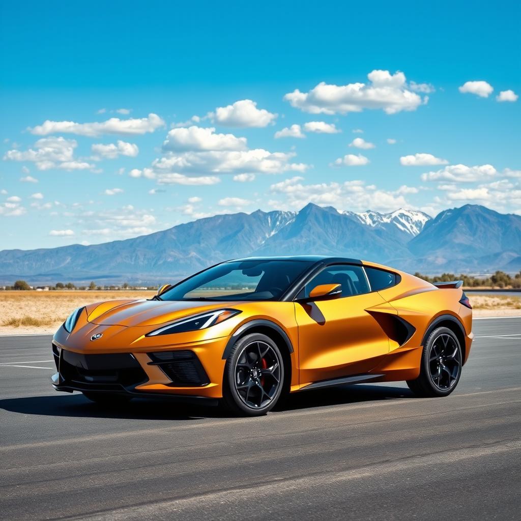 An imaginative image showcasing a fusion of the Corvette C8 and the 2024 Buick Envista, designed as a 4-door crossover utility vehicle (CUV) in a striking matte gold finish