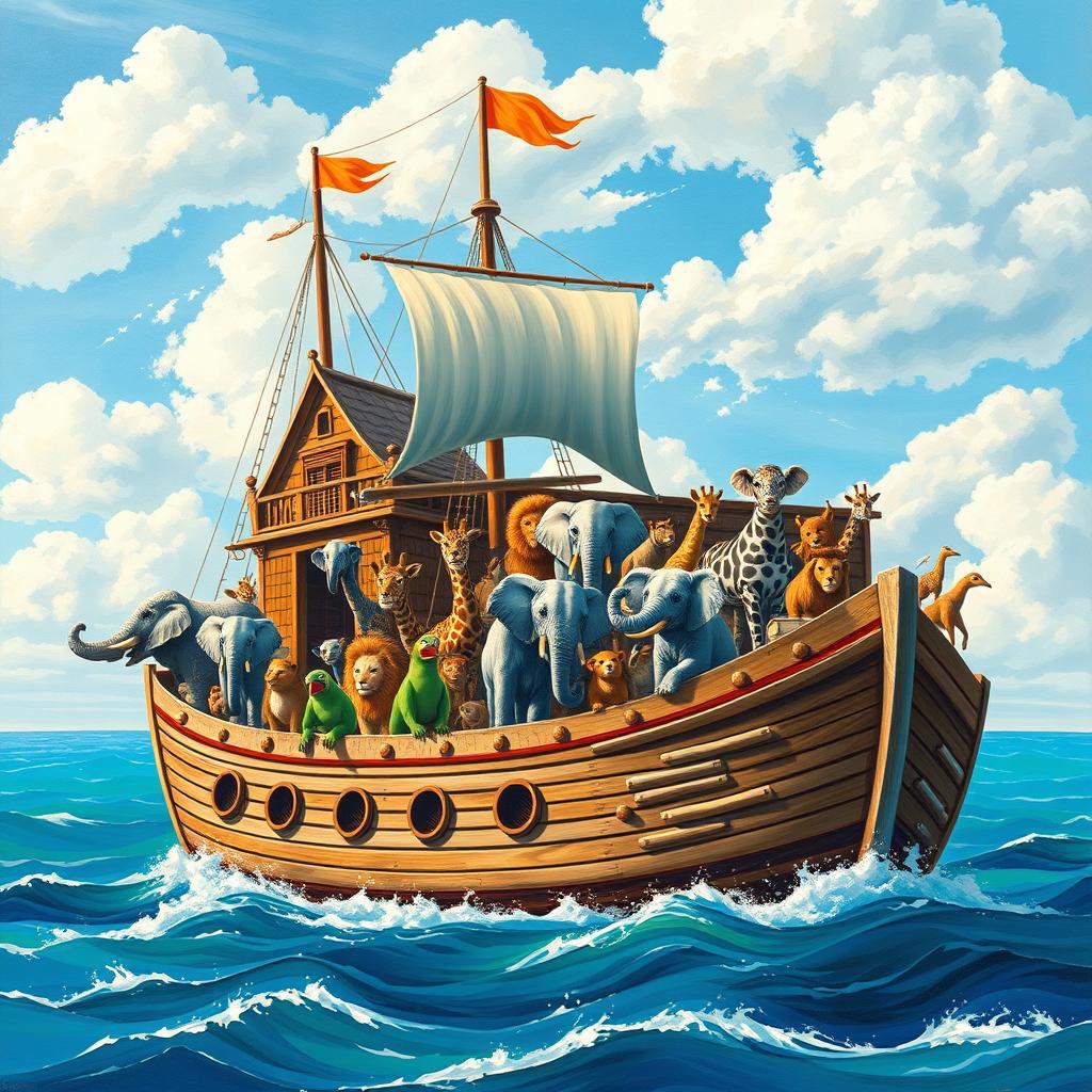 A vibrant artistic rendition of Noah's Ark, depicted in a zoomed-in side view