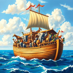 A vibrant artistic rendition of Noah's Ark, depicted in a zoomed-in side view