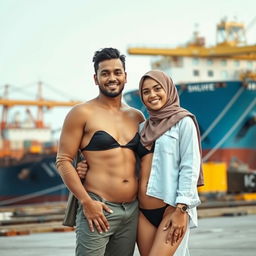 A couple posing together in an industrial setting near a harbor or dock area