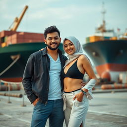 A couple posing together in an industrial setting near a harbor or dock area