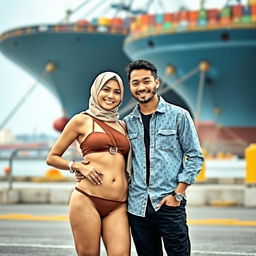 A couple posing together in an industrial setting near a harbor or dock area