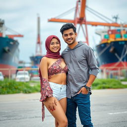 A couple posing together in an industrial setting near a harbor or dock area