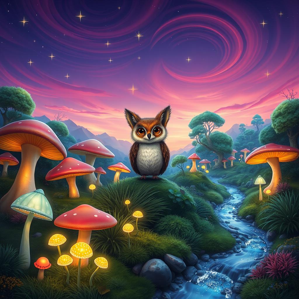 Create a stunning and whimsical landscape featuring a vibrant, magical forest with lush, oversized mushrooms and enchanting glowing plants