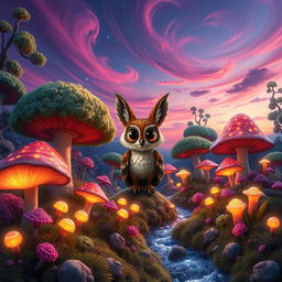 Create a stunning and whimsical landscape featuring a vibrant, magical forest with lush, oversized mushrooms and enchanting glowing plants