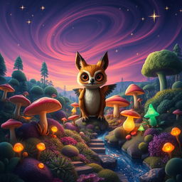 Create a stunning and whimsical landscape featuring a vibrant, magical forest with lush, oversized mushrooms and enchanting glowing plants