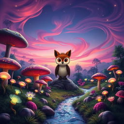 Create a stunning and whimsical landscape featuring a vibrant, magical forest with lush, oversized mushrooms and enchanting glowing plants