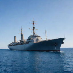 A large, majestic steel ship sailing independently in the middle of the vast, azure ocean under a clear sky, without any docks in sight.