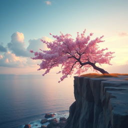 A serene and dreamy lofi scene featuring a cherry blossom tree in full bloom at the edge of a cliff, overlooking a vast ocean