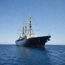 A large, majestic steel ship sailing independently in the middle of the vast, azure ocean under a clear sky, without any docks in sight.