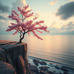 A serene and dreamy lofi scene featuring a cherry blossom tree in full bloom at the edge of a cliff, overlooking a vast ocean