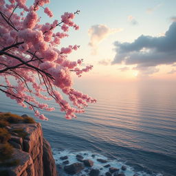 A serene and dreamy lofi scene featuring a cherry blossom tree in full bloom at the edge of a cliff, overlooking a vast ocean