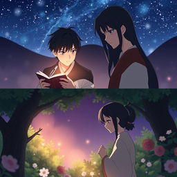 A poignant love story depicted in an animated format across three slides in a 9:16 aspect ratio, featuring the characters Senja and Senji