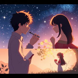 A poignant love story depicted in an animated format across three slides in a 9:16 aspect ratio, featuring the characters Senja and Senji