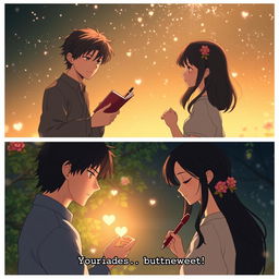 A poignant love story depicted in an animated format across three slides in a 9:16 aspect ratio, featuring the characters Senja and Senji