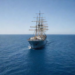 A large, majestic steel ship sailing independently in the middle of the vast, azure ocean under a clear sky, without any docks in sight.