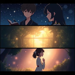 A poignant love story depicted in an animated format across three slides in a 9:16 aspect ratio, featuring the characters Senja and Senji