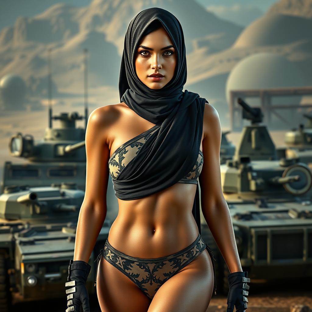 A striking image featuring a model wearing a skimpy two-piece bikini with a one-shoulder top and high-neck design, incorporating a hijab that highlights Islamic vibes